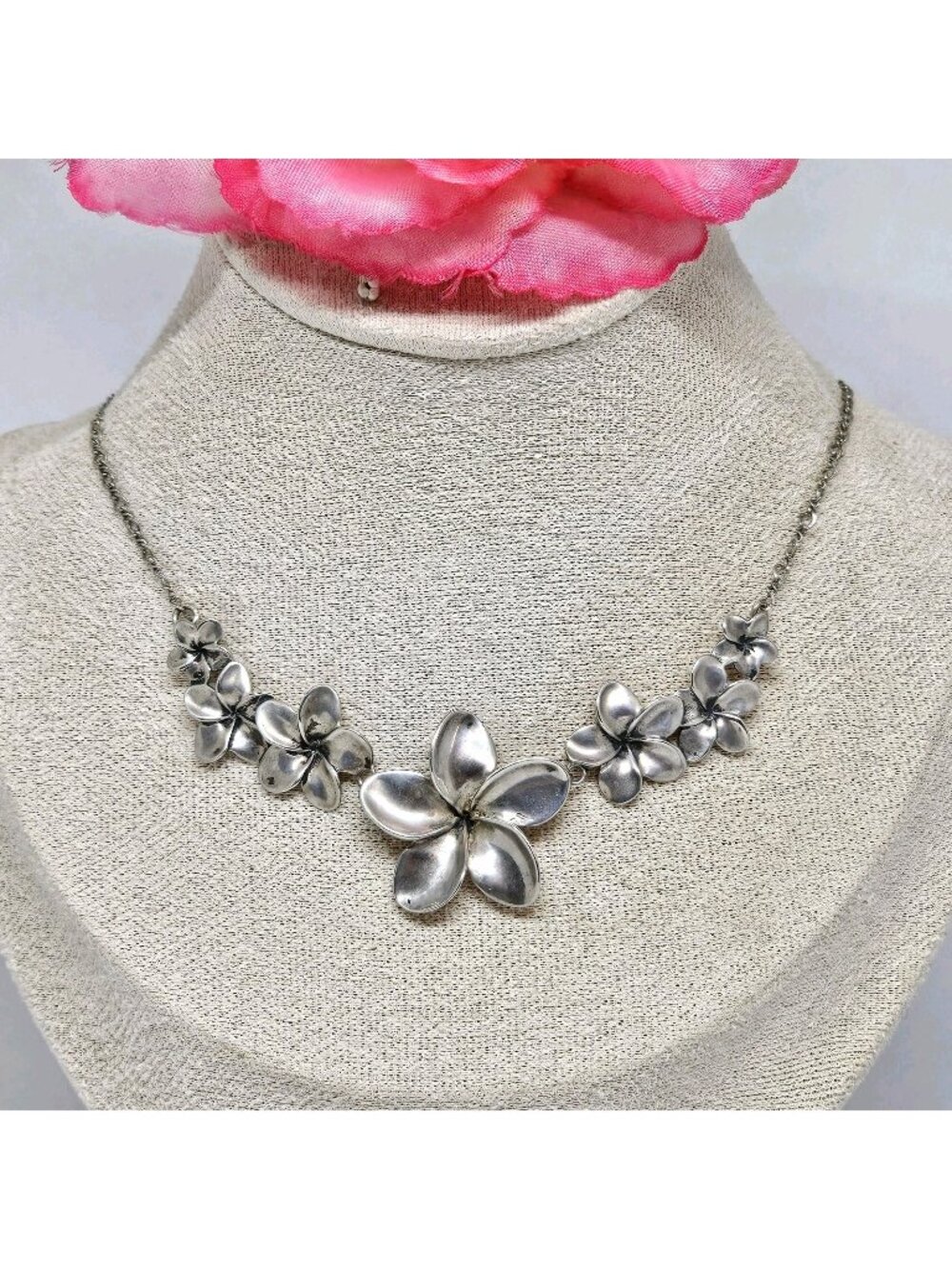 Vintage 925 Sterling Silver Hawaiian Plumeria Flower Necklace 7 Flowers Choker